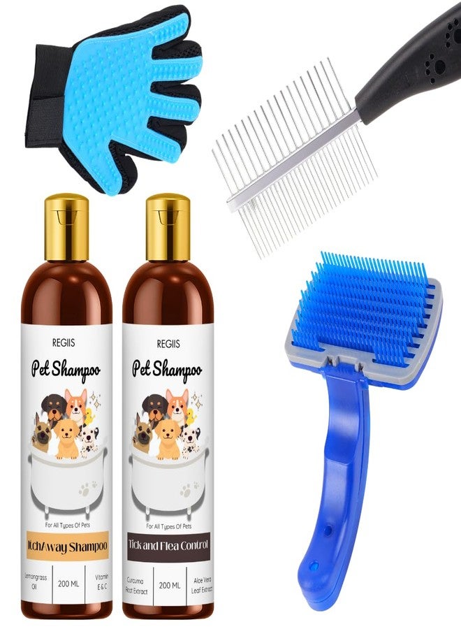 REGIIS Pet Grooming Kit with Dog Shampoo Set, Includes Deshedding Glove, Metal Comb, Self-Cleaning Brush, 2x200ml Tick Control and Itch Relief Shampoo(Pack of 5) - Image 1